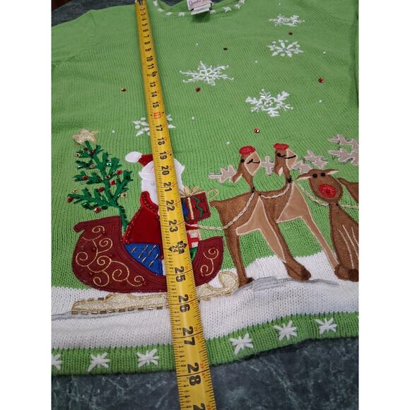 Quacker Factory Women’s 2x Christmas Sweater Green Santa Reindeer Embroidered - Picture 6 of 11